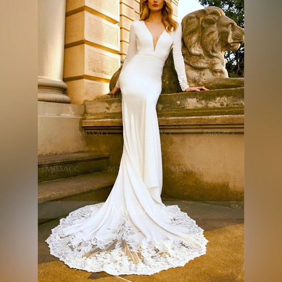 Trumpet/Mermaid Long Sleeves Lace/Elastic Satin Wedding Dress - Picture 4 of 4